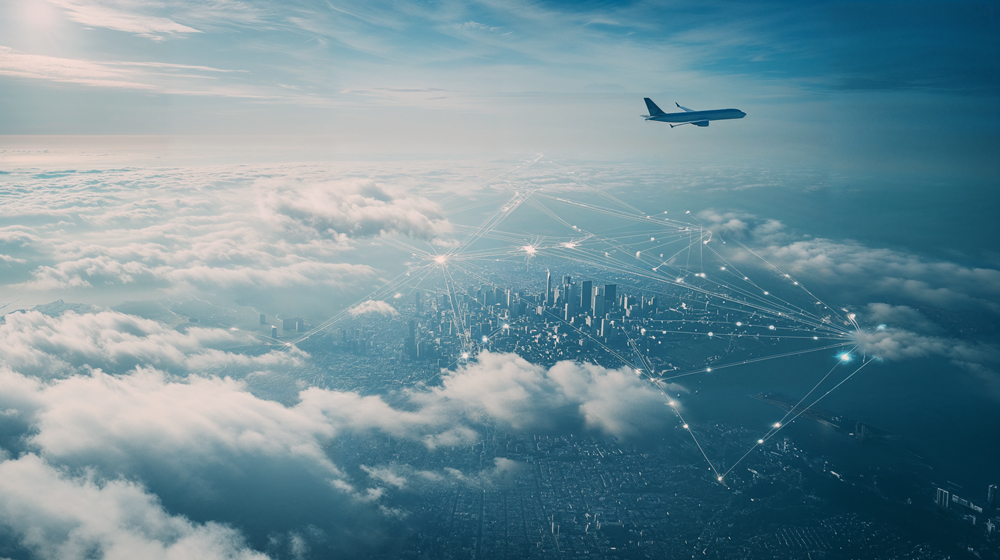 Airplane flies above a city, with white beams showing the connection between different points of interest.